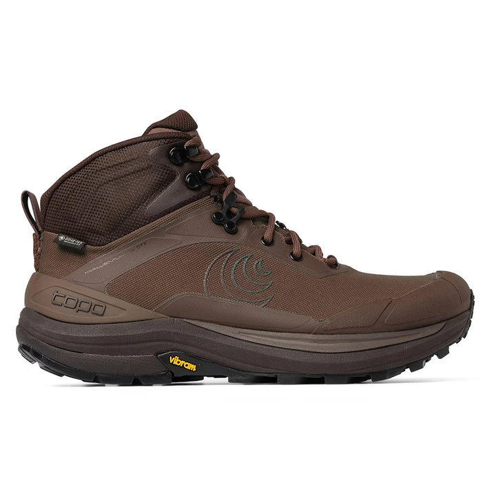A brown mid-cut hiking boot with a textured synthetic upper, matching laces, and a rugged sole. The brand &
