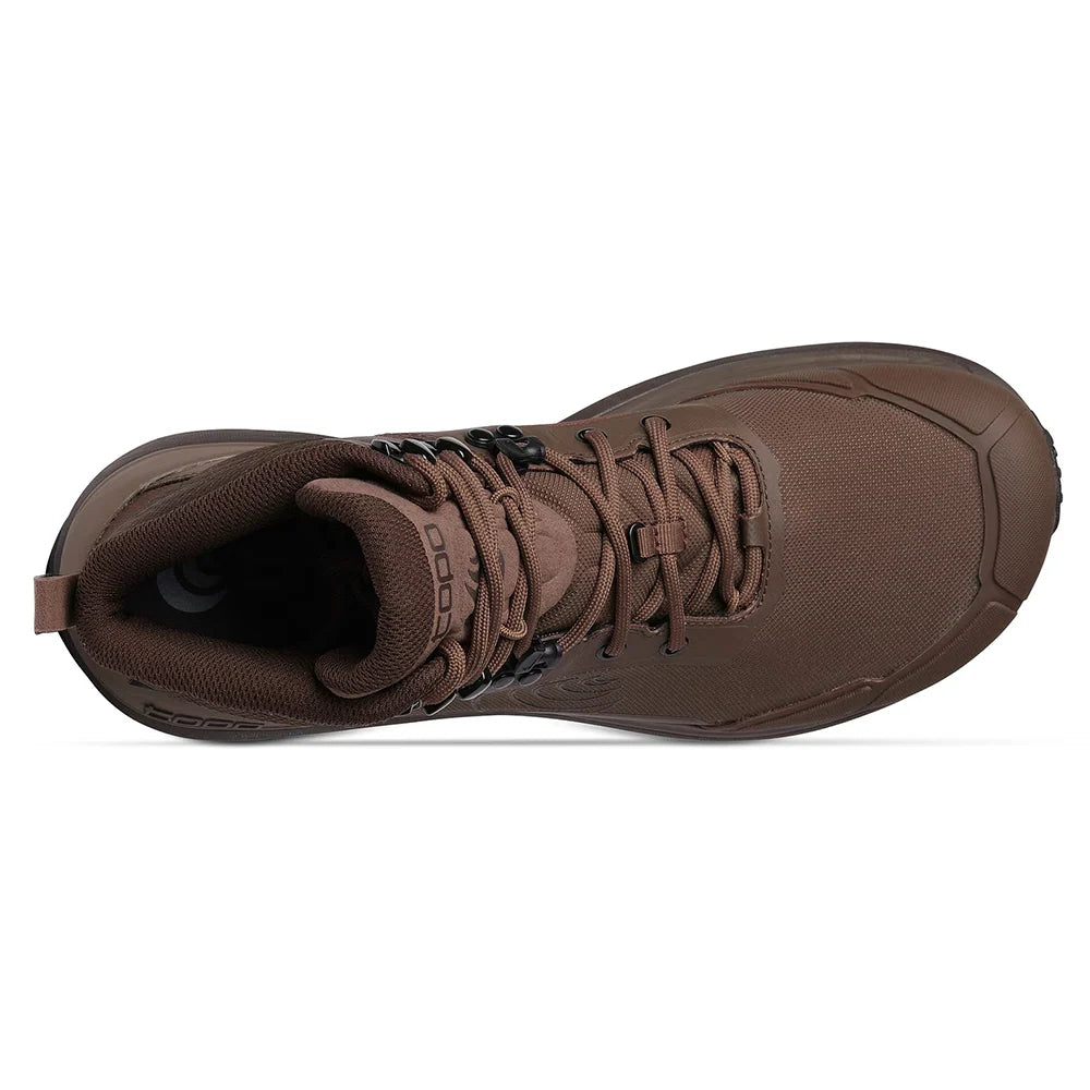 A brown waterproof hiking boot shown from a side profile view against a plain white background.