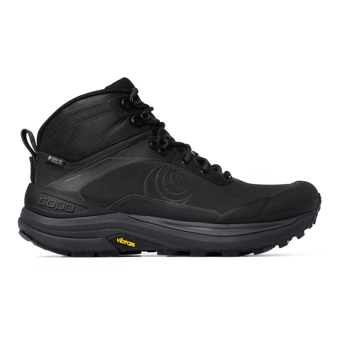 Black hiking shoe with a visible brand logo on a white background