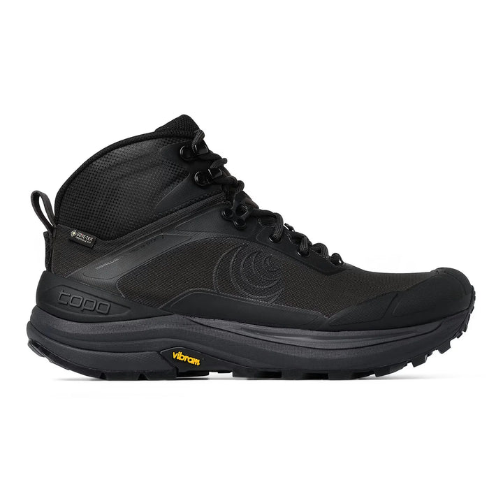 Black hiking shoe with a visible brand logo on a white background