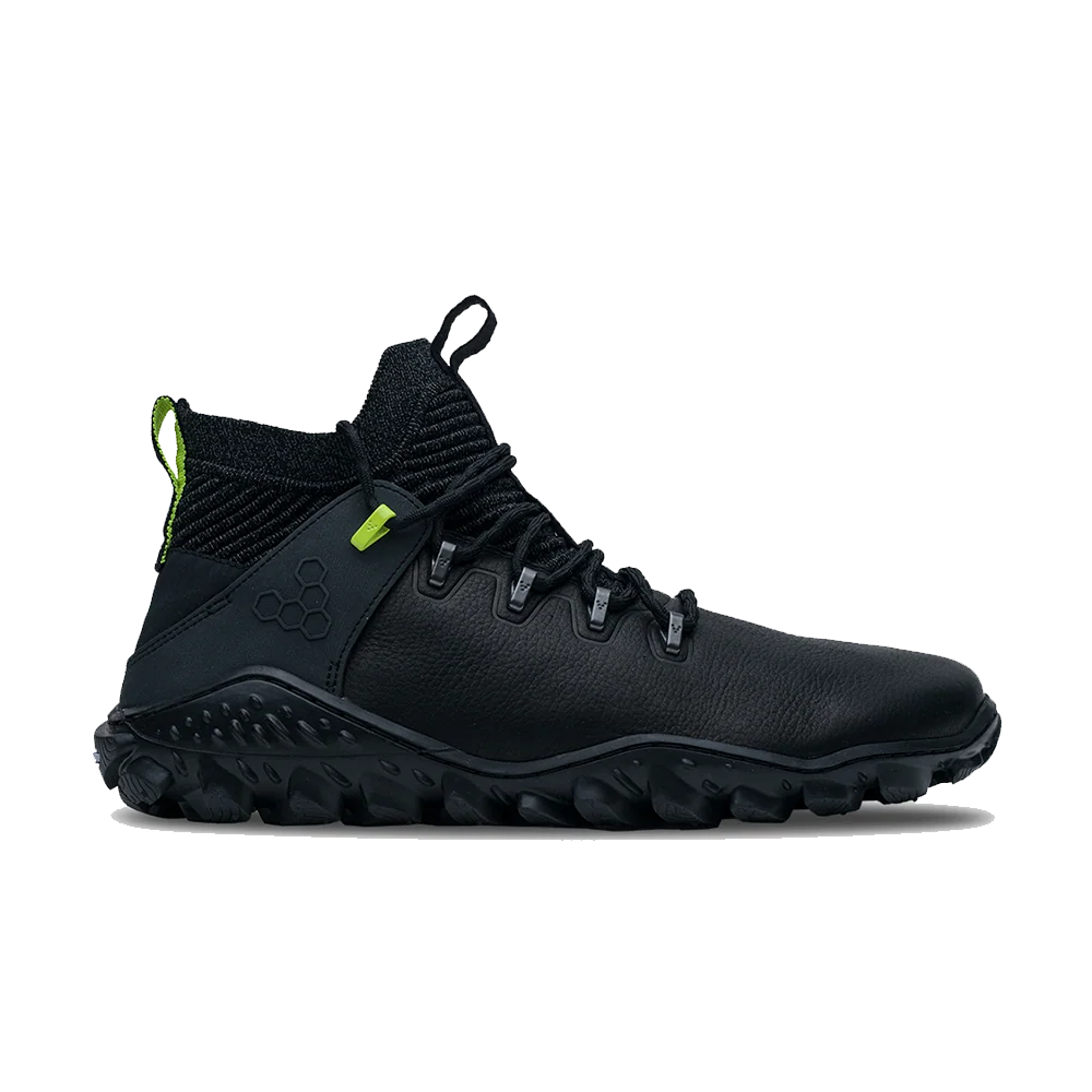 Black hiking boot with Vivo Barefoot branding on a white background