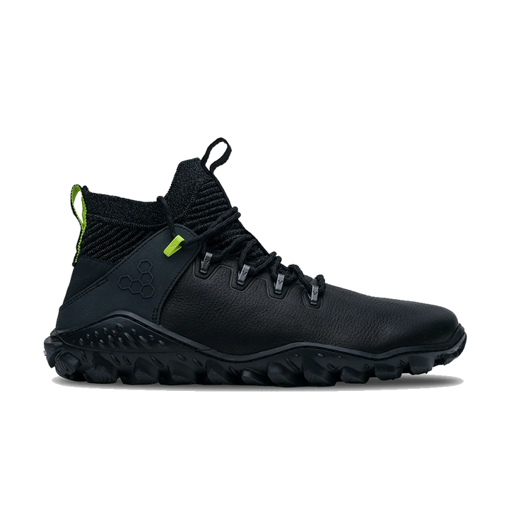 Black hiking boot with Vivo Barefoot branding on a white background