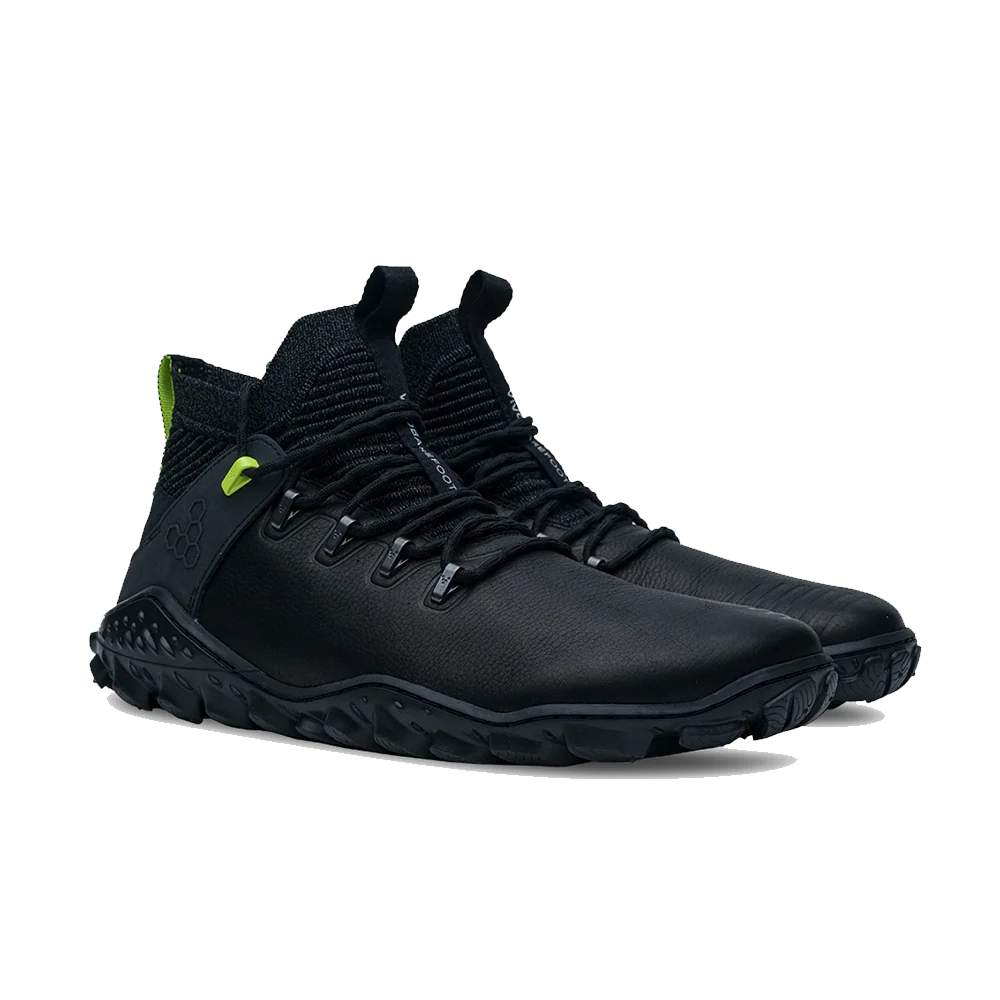 Black hiking boot with Vivo Barefoot branding on a white background