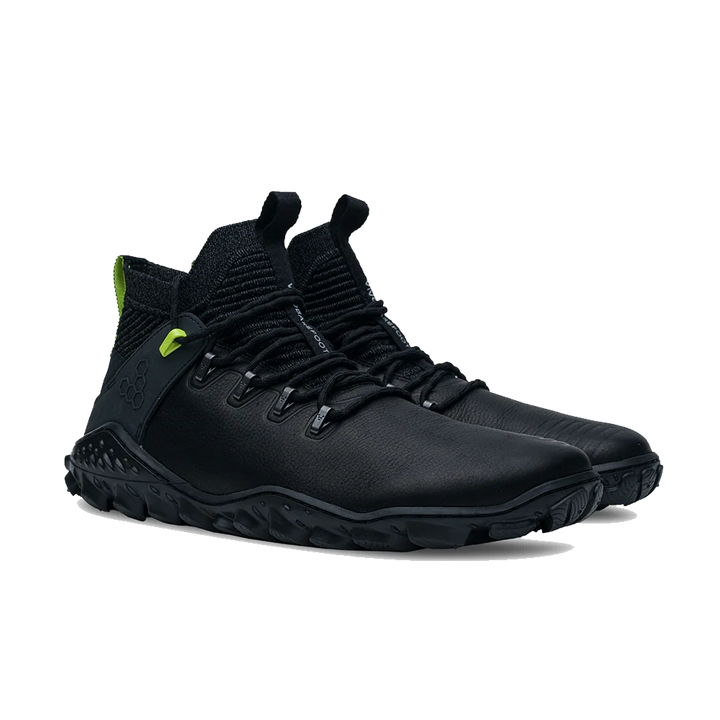 Black hiking boot with Vivo Barefoot branding on a white background