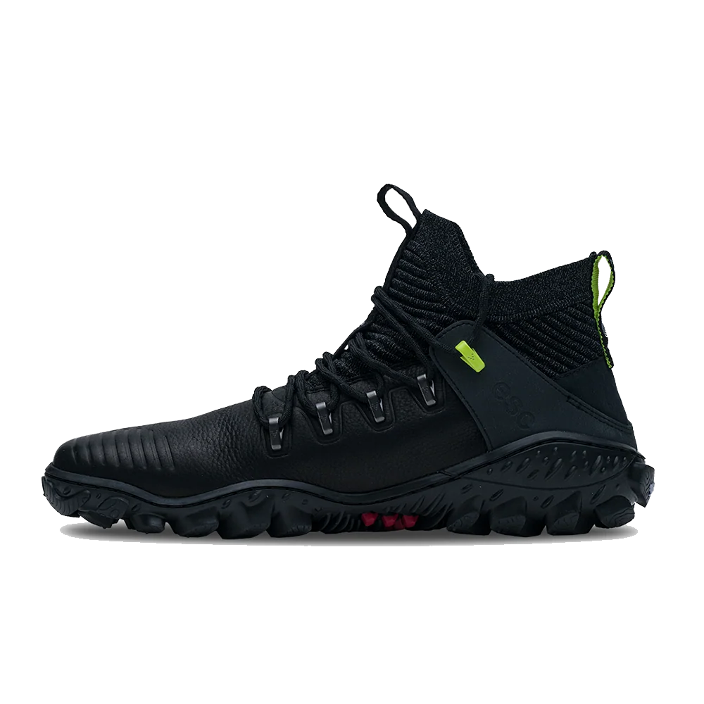 Black technical hiking boot on a white background