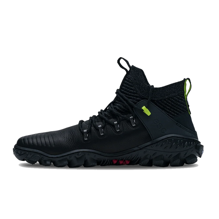 Black technical hiking boot on a white background