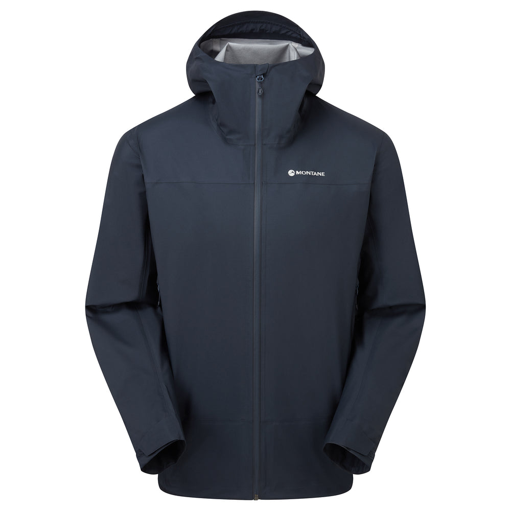 Navy blue rain coat with the Montane logo on a white background