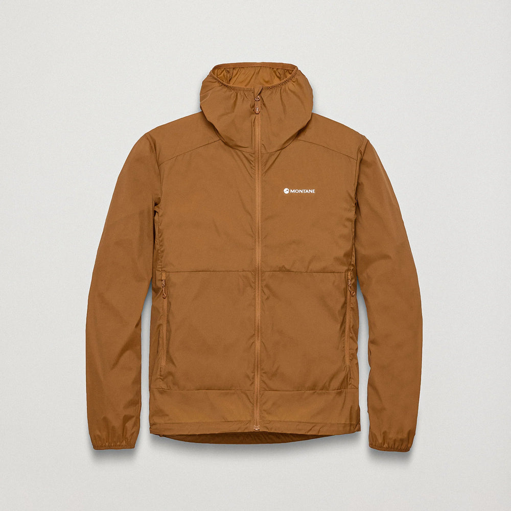 A brown hooded jacket with a full front zipper and a small white 'MONTANE' logo on the left chest, displayed on a light gray background.