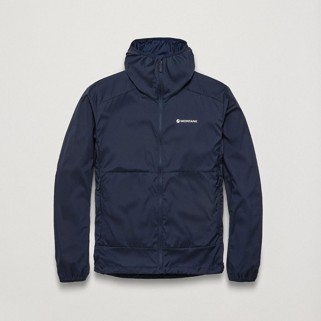 Navy blue jacket with a brand logo on a light gray background