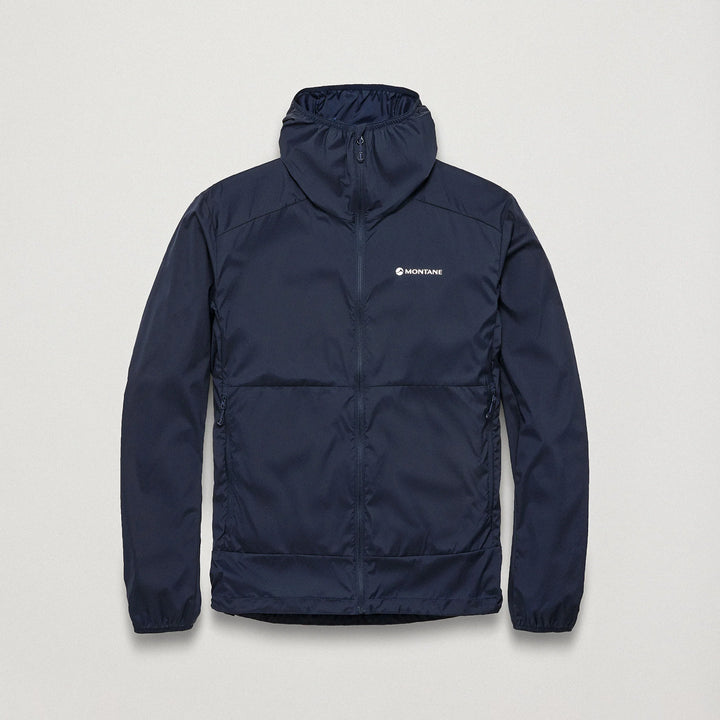 Navy blue jacket with a brand logo on a light gray background