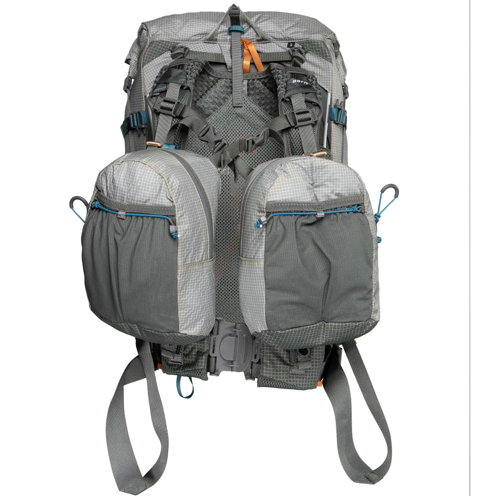 Gray backpack with multiple compartments on a white background