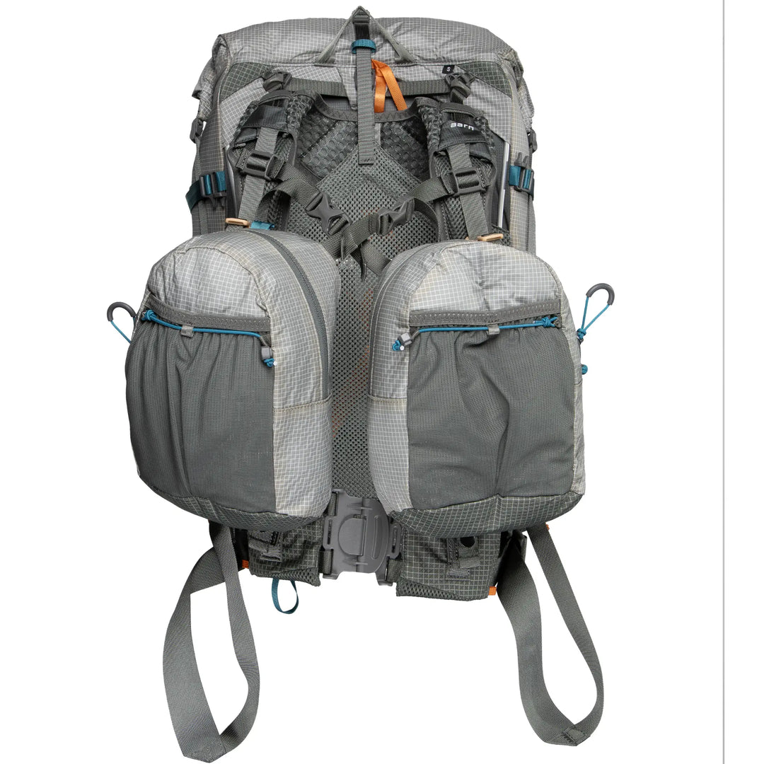 Gray backpack with multiple compartments on a white background