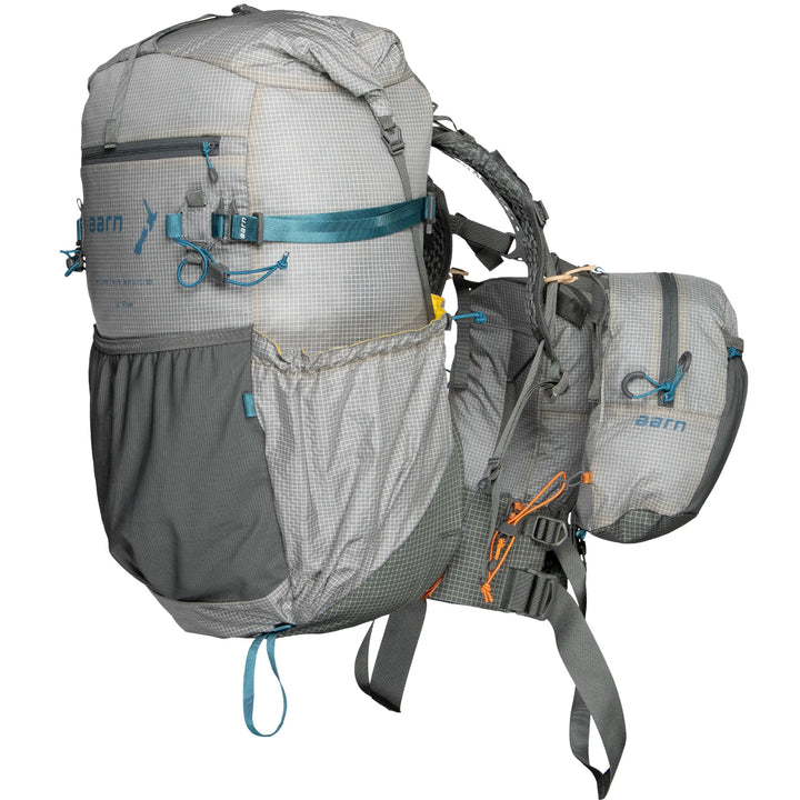 Gray backpack with multiple compartments on a white background
