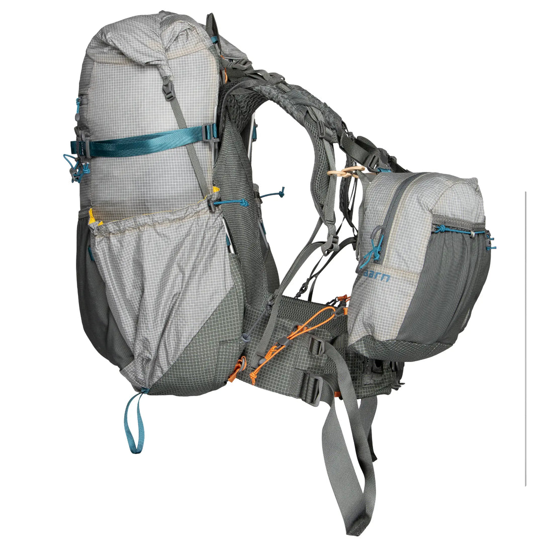 Hiking backpack with multiple compartments and straps on a white background