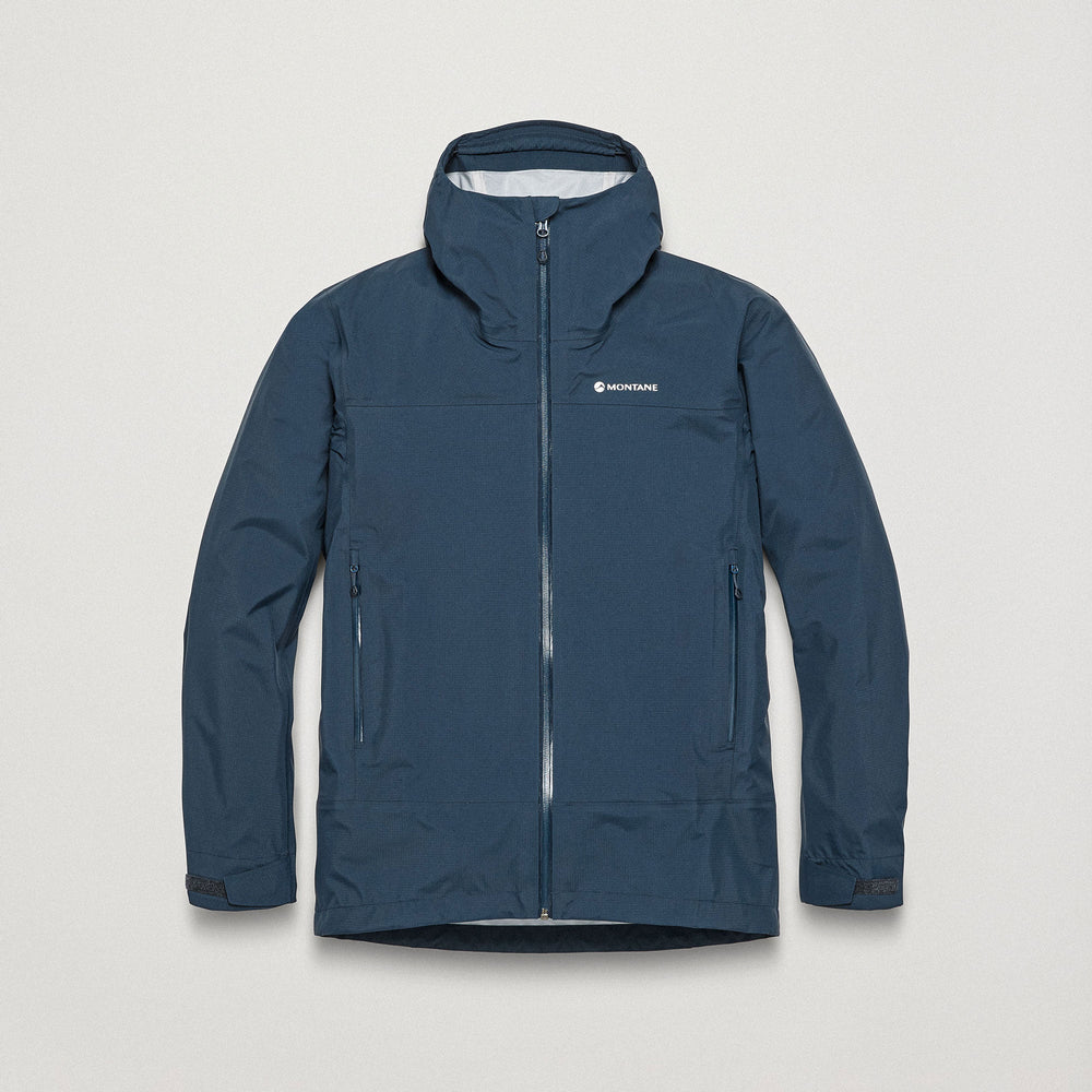 Navy blue rain jacket with Montane logo on white background