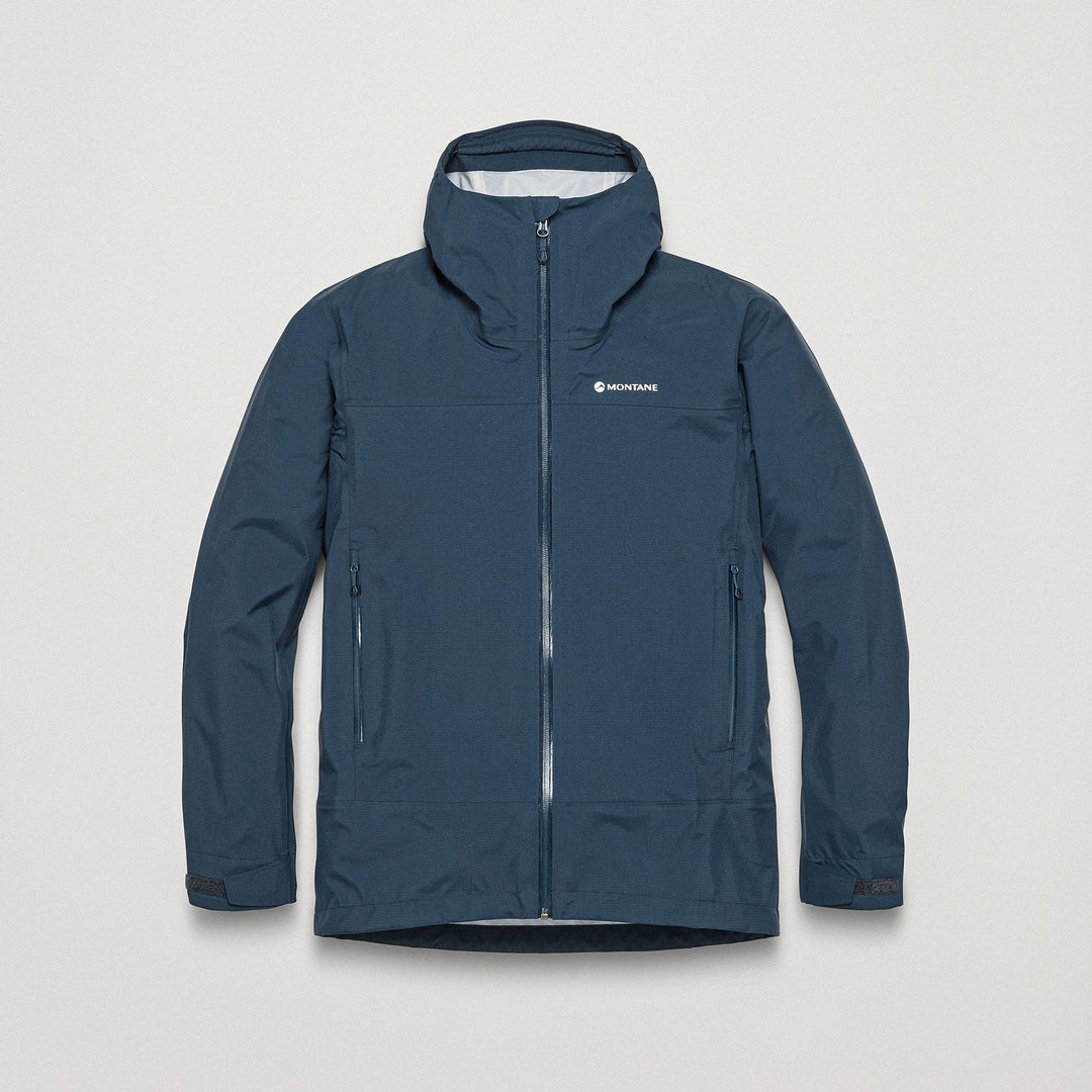 Navy blue rain jacket with Montane logo on white background