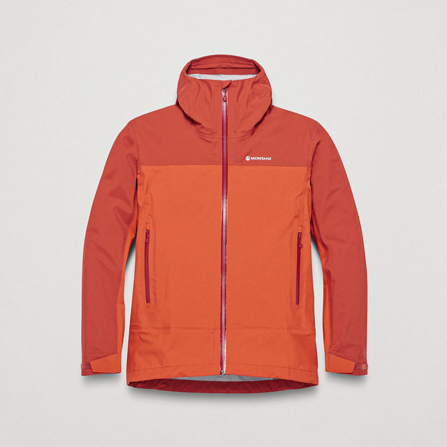 Orange rain jacket with Montane logo on white background