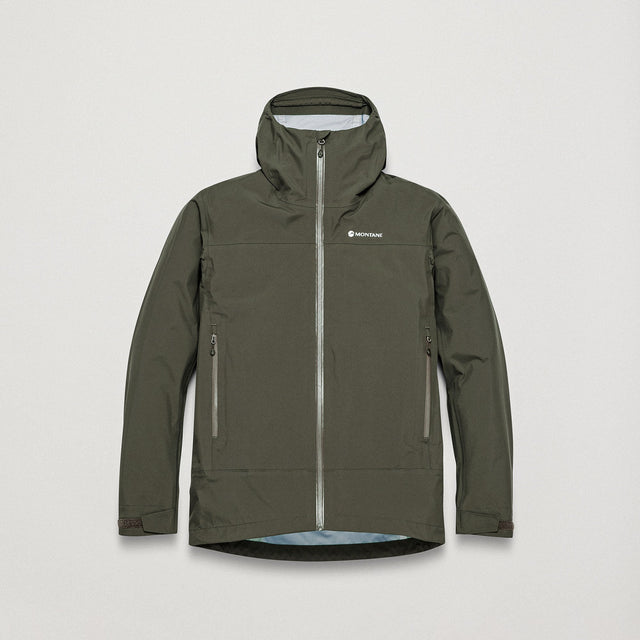 Olive green rain jacket with Montane logo on white background