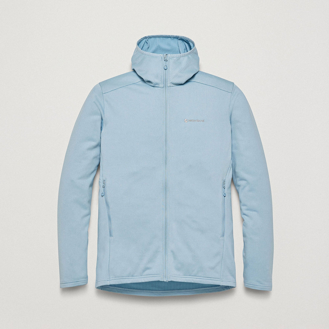 A light blue hooded zip-up jacket with zippered hand pockets, displayed flat against a light gray background. The brand name 'Montane' is visible on the left chest.