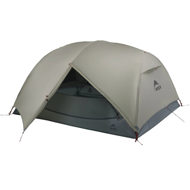 Grey camping tent with MSR logo on a white background