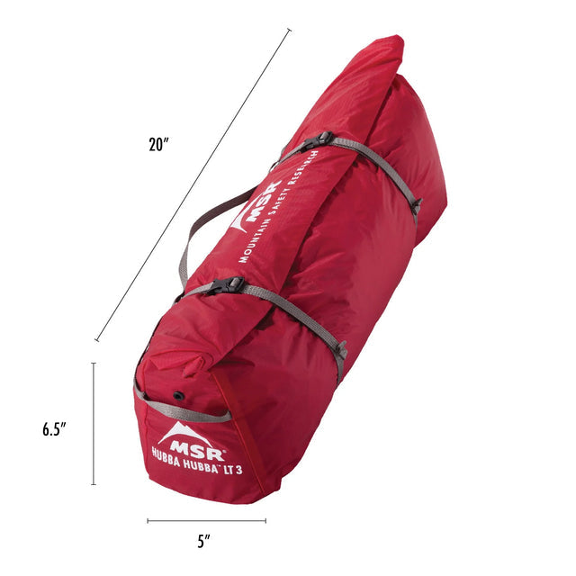 Tent in red bag with MSR logo and dimensions on a white background