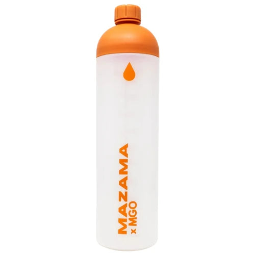 Orange water bottle with Mazama banding on a white background
