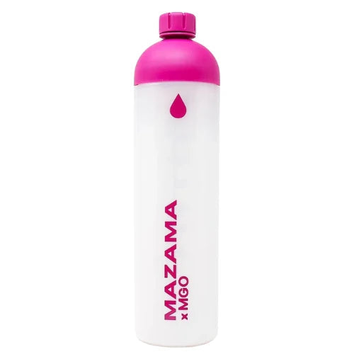 Pink water bottle with Mazama banding on a white background
