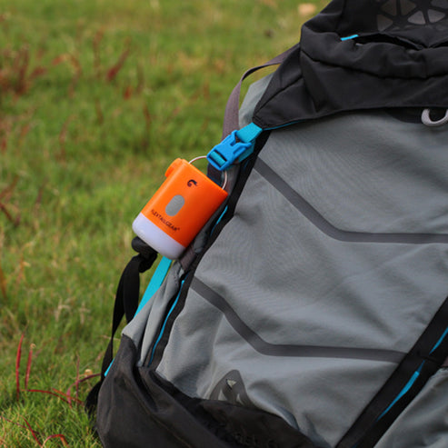 air pump stowed on external pack strap