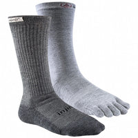 A grey sock next to a white five-toe sock on a white back ground
