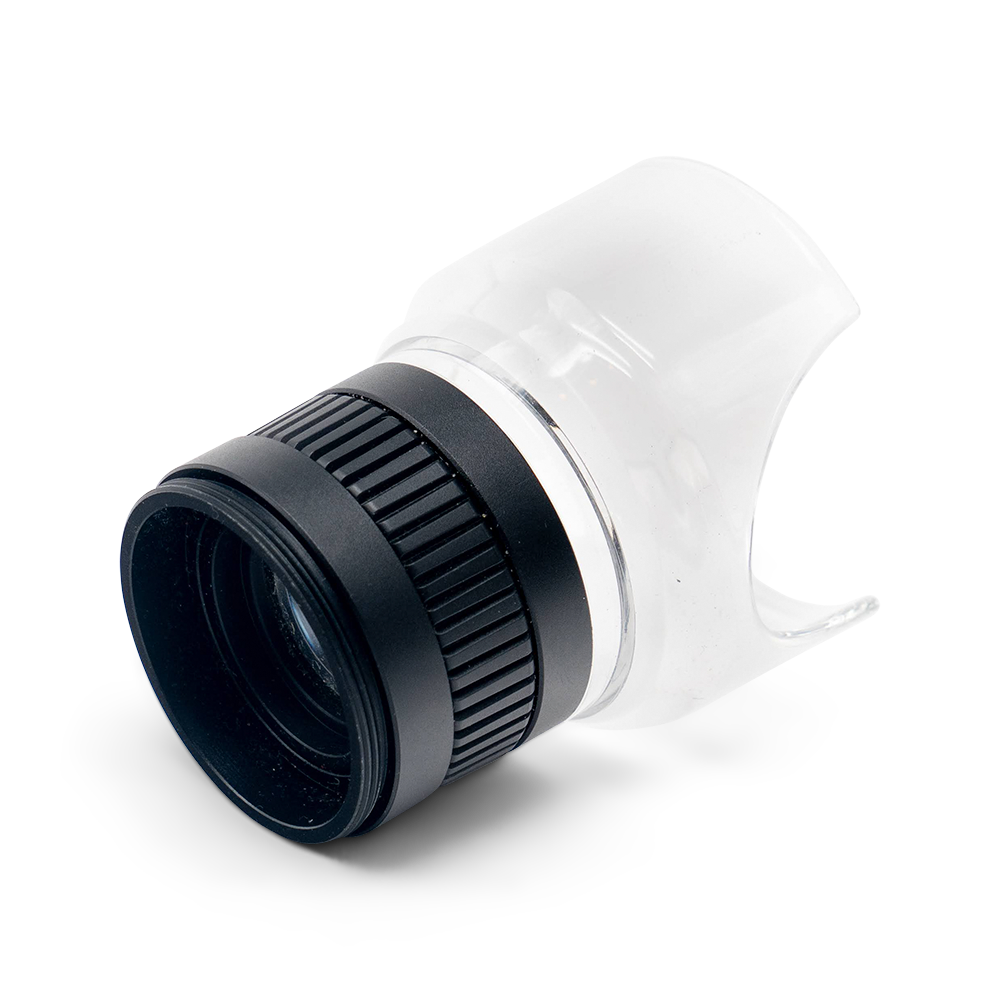 Black scope lens on white background