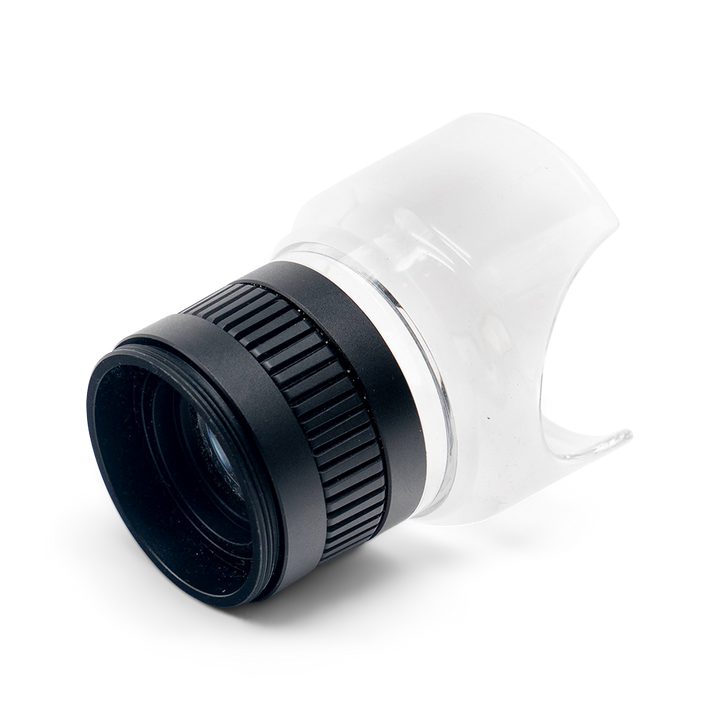 Black scope lens on white background