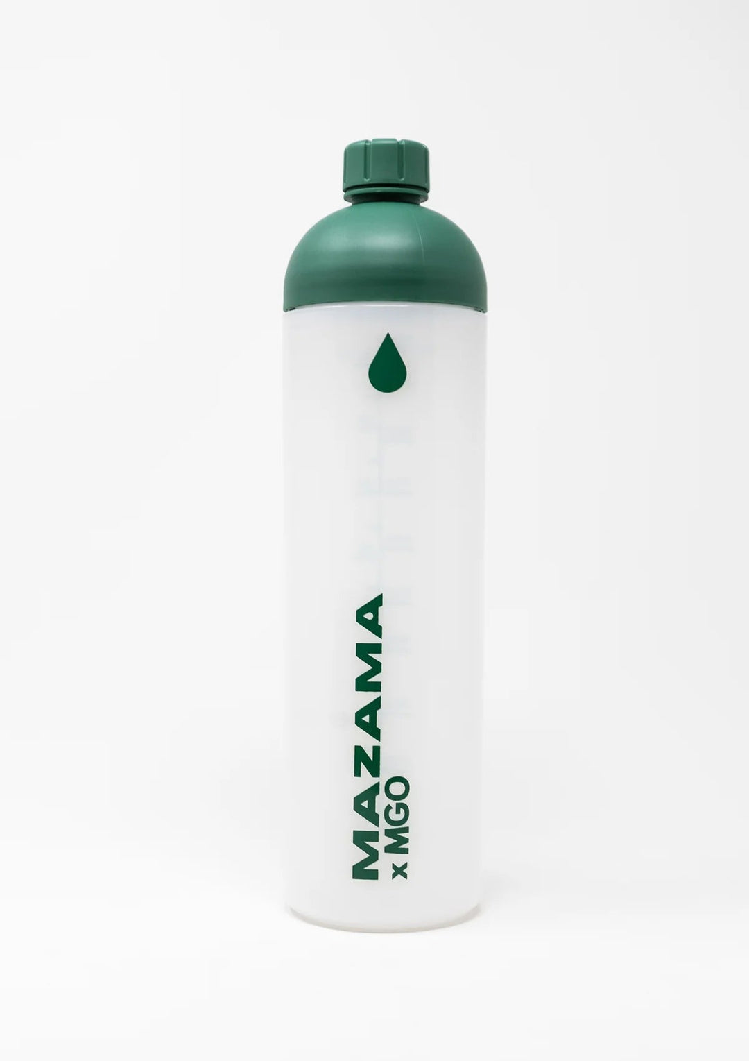 Green water bottle with Mazama banding on a white background