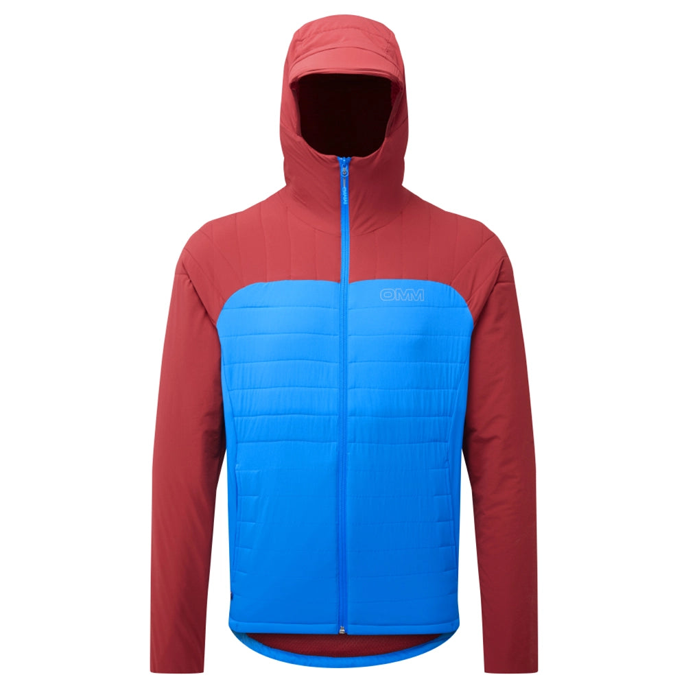 OMM Mountain Core Jacket in Blue/Dark Red, worn on the mountain