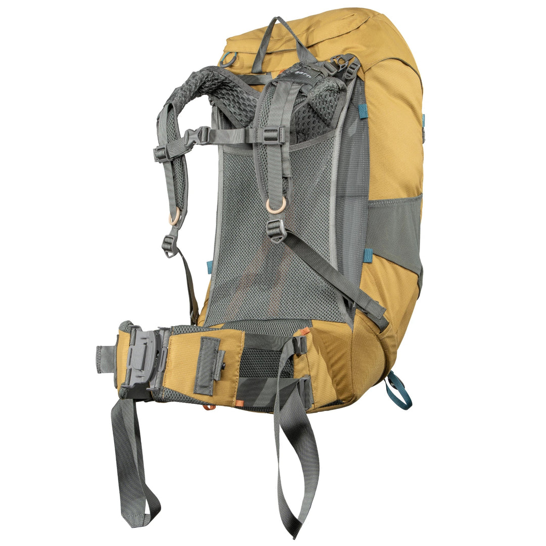 Yellow and gray Aarn backpack harness with straps on a white background
