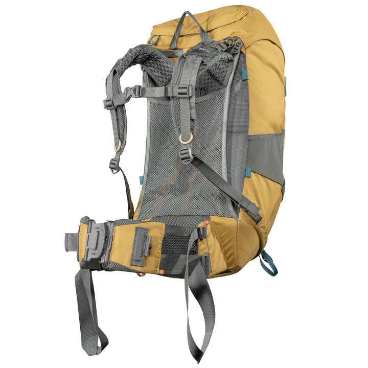 Yellow and gray Aarn backpack harness with straps on a white background