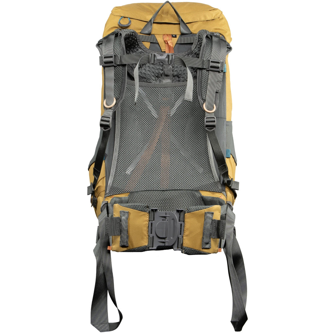Yellow and gray Aarn backpack harness with multiple straps on a white background
