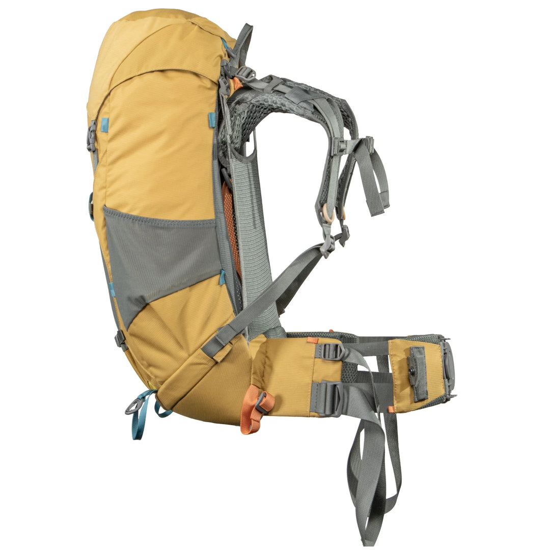 Yellow and gray Aarn hiking backpack on a white background