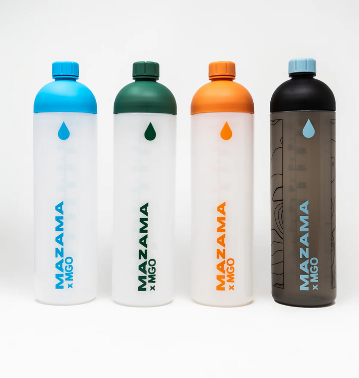 Four different coloured water bottle on a white background
