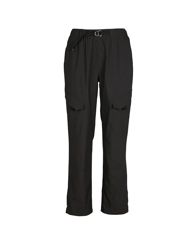 Black cargo-style pants with an elastic drawstring waist and flap cargo pockets on the legs, shown against a plain white background.