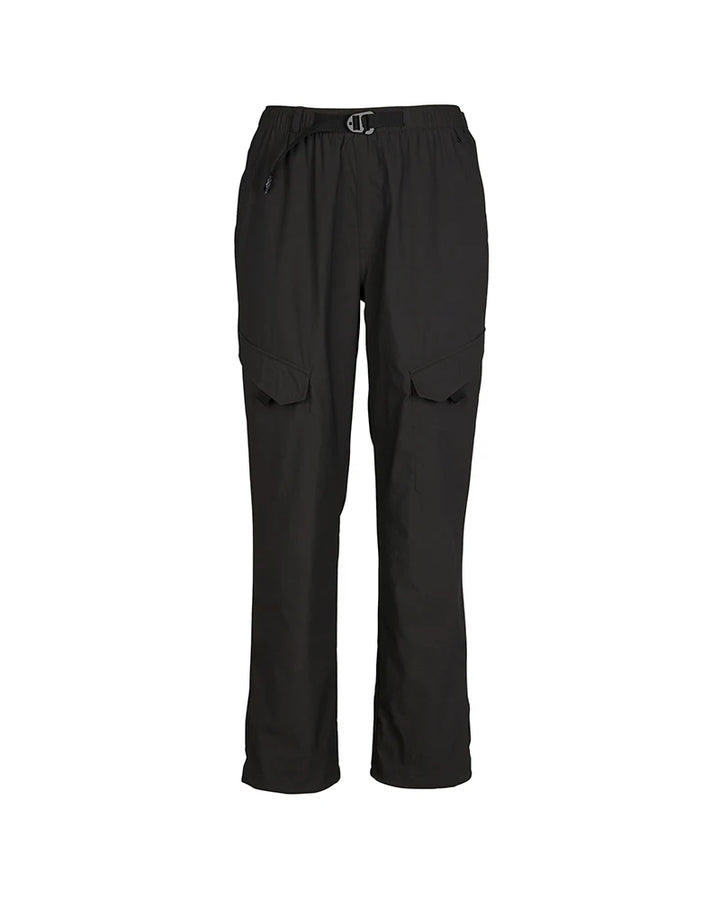 Black cargo-style pants with an elastic drawstring waist and flap cargo pockets on the legs, shown against a plain white background.