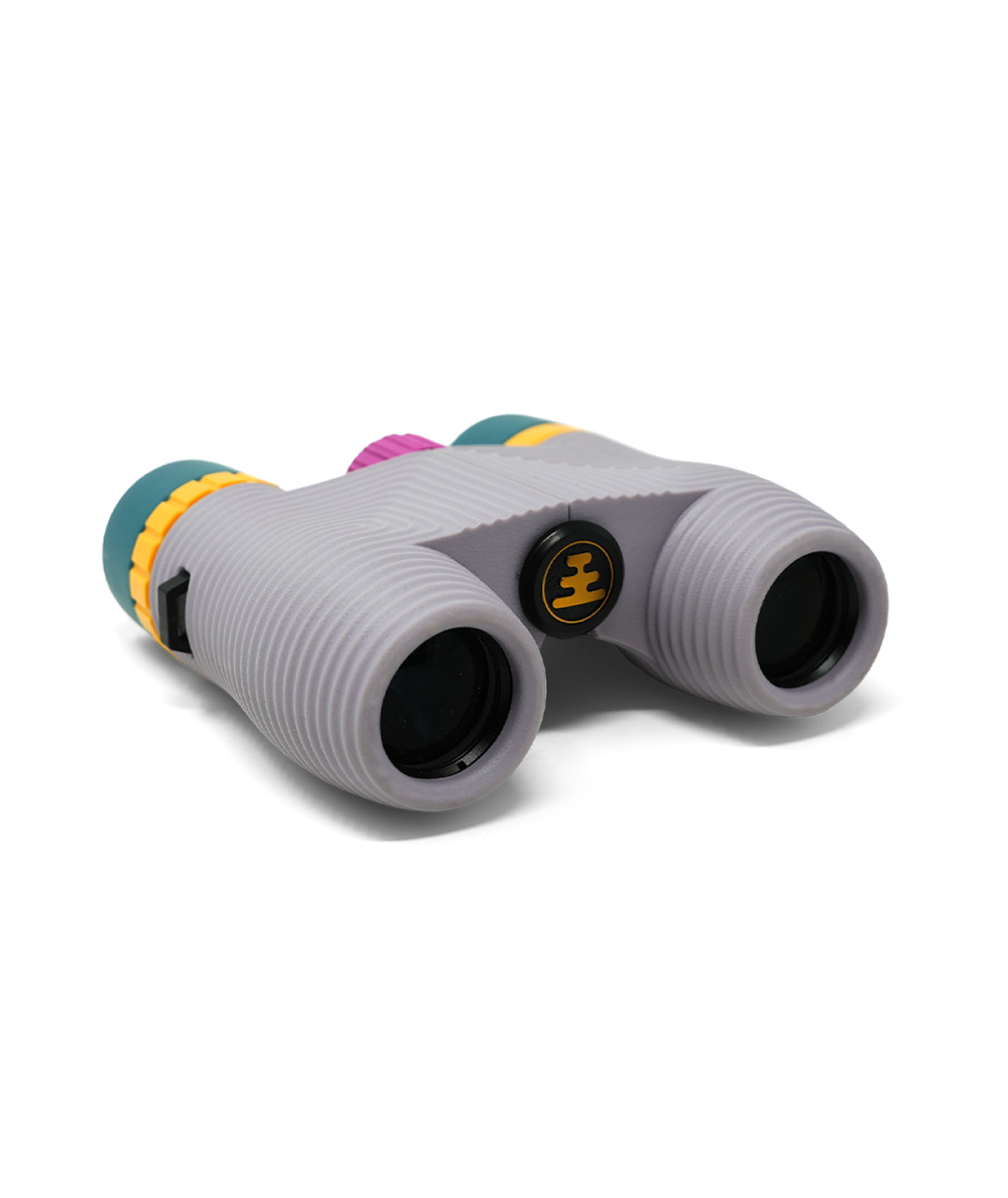 Compact lavender binoculars with colourful highlights on a white background