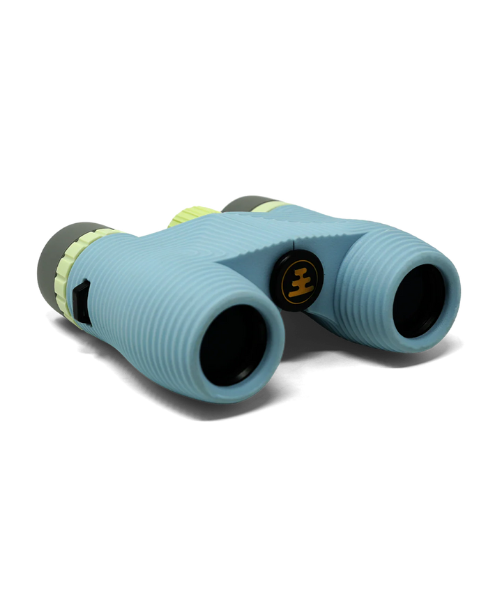 Blue binoculars with green accents on a white background
