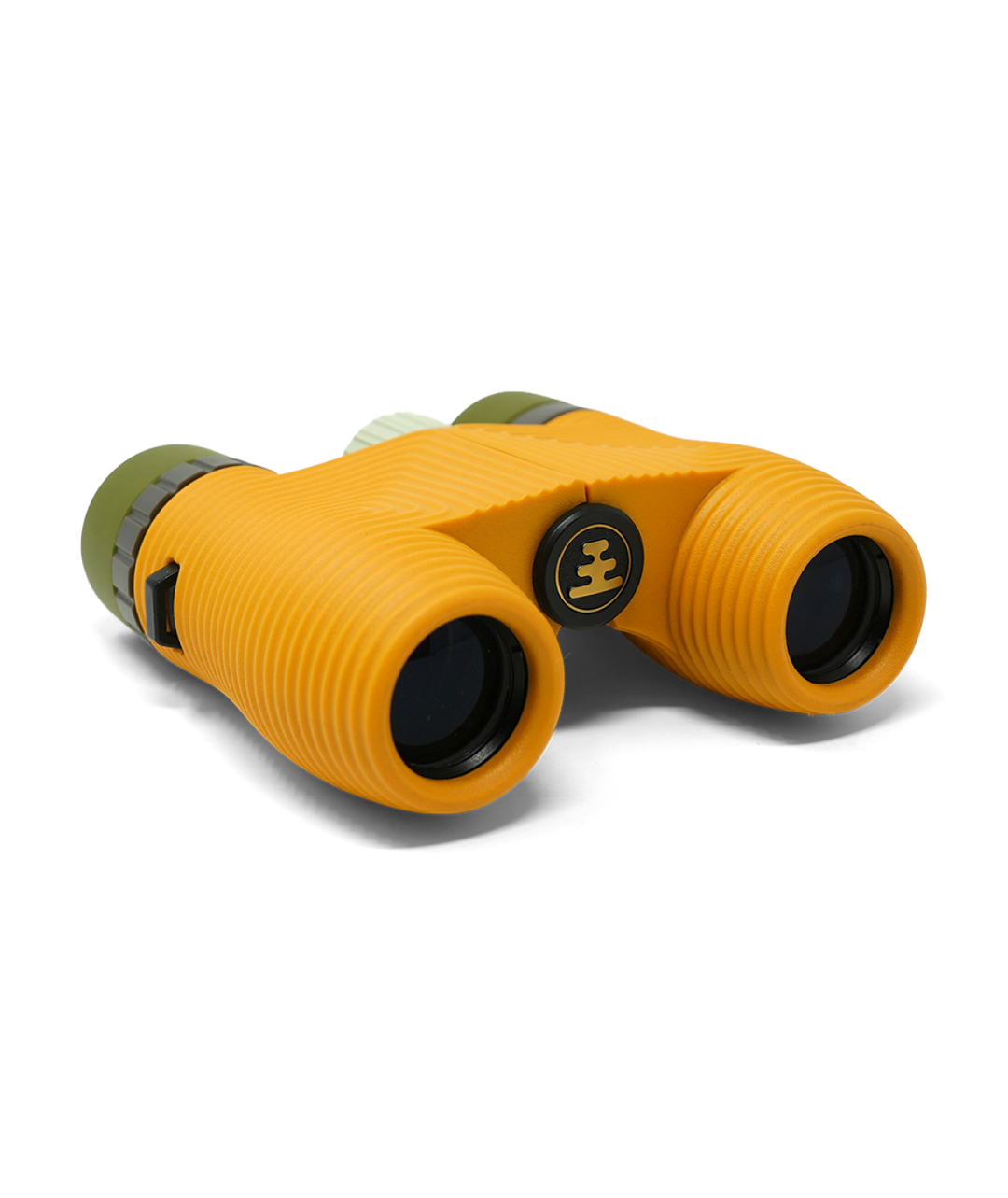 Compact yellow binoculars on a white background