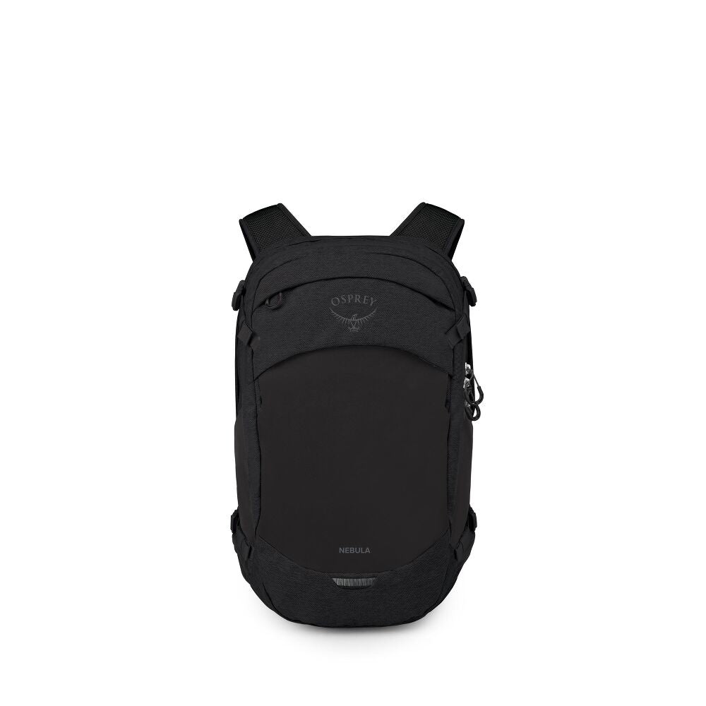 A black Osprey backpack shown from the front on a clean white background.