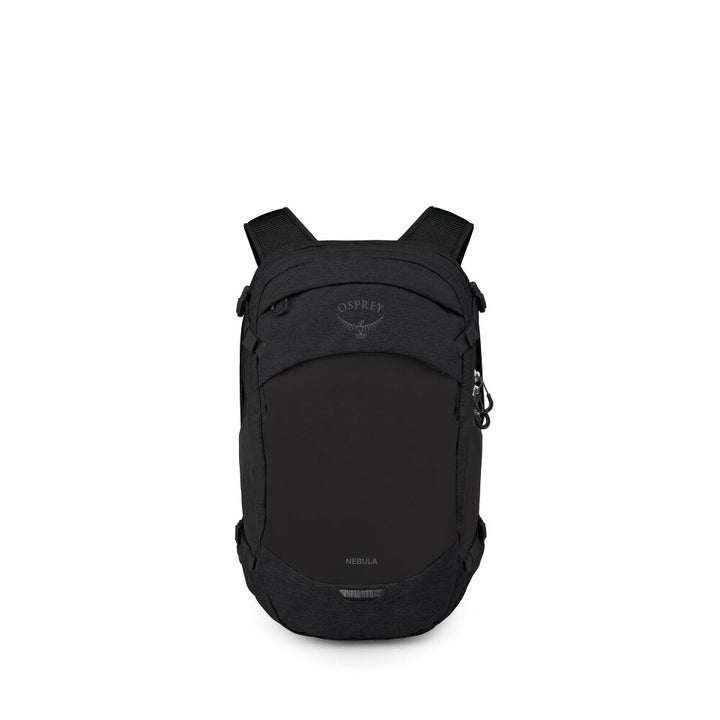 A black Osprey backpack shown from the front on a clean white background.