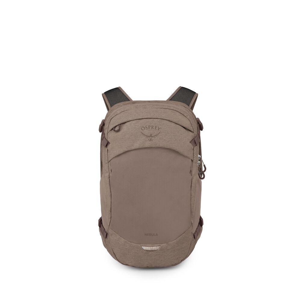 An Osprey backpack in a warm taupe-brown color, shown from the front against a plain white background.