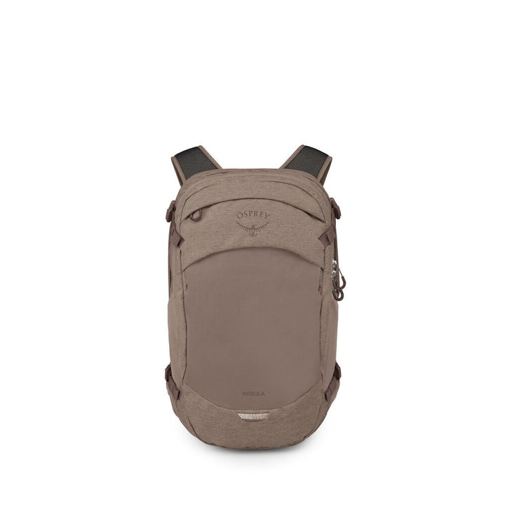 An Osprey backpack in a warm taupe-brown color, shown from the front against a plain white background.