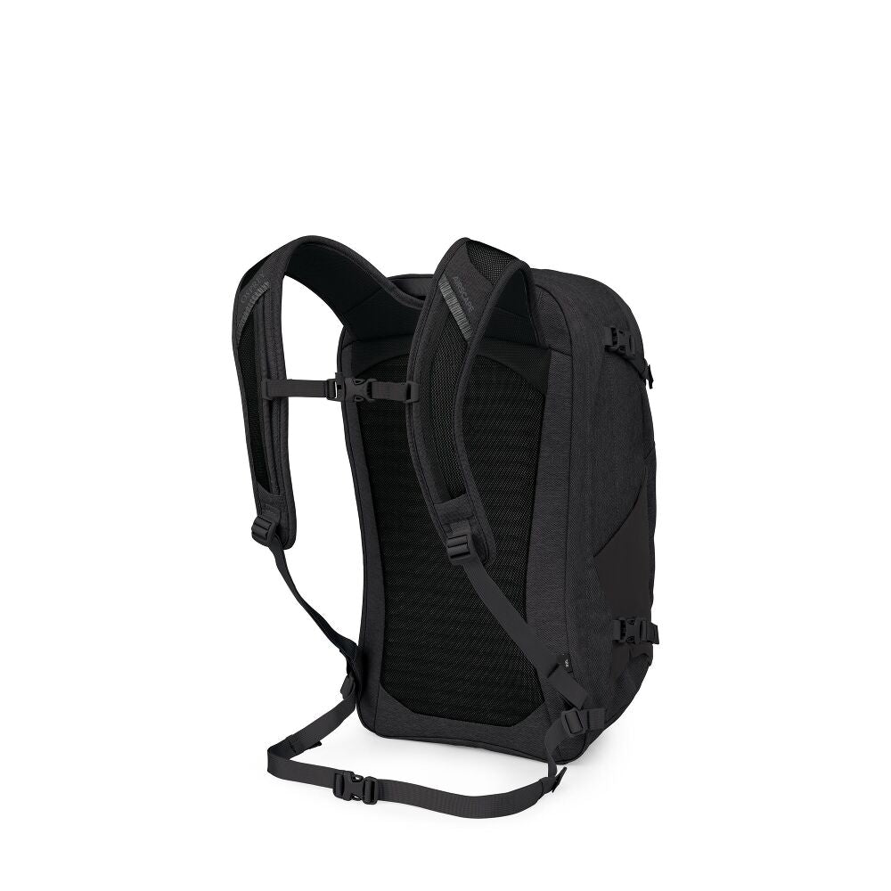 Black backpack shown from the back view on a solid white background.