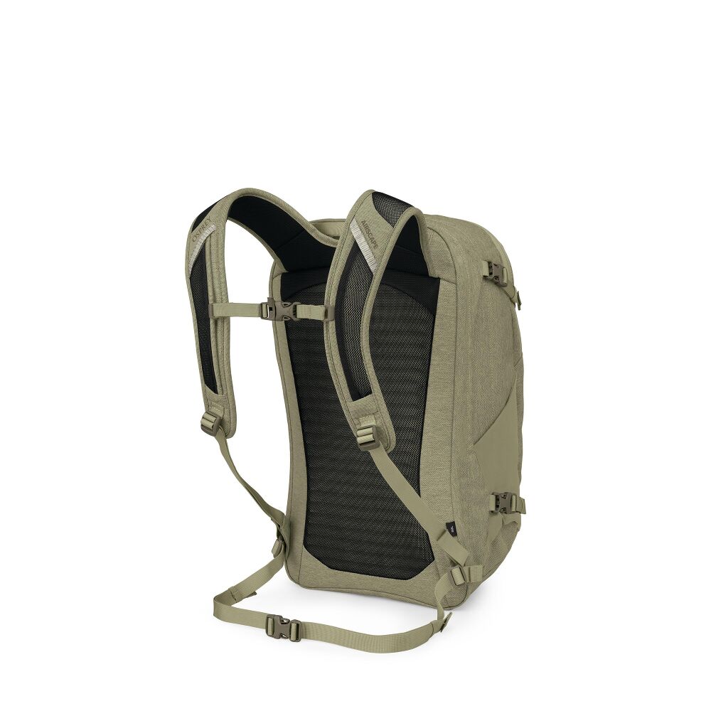 Green backpack with black accents on a white background