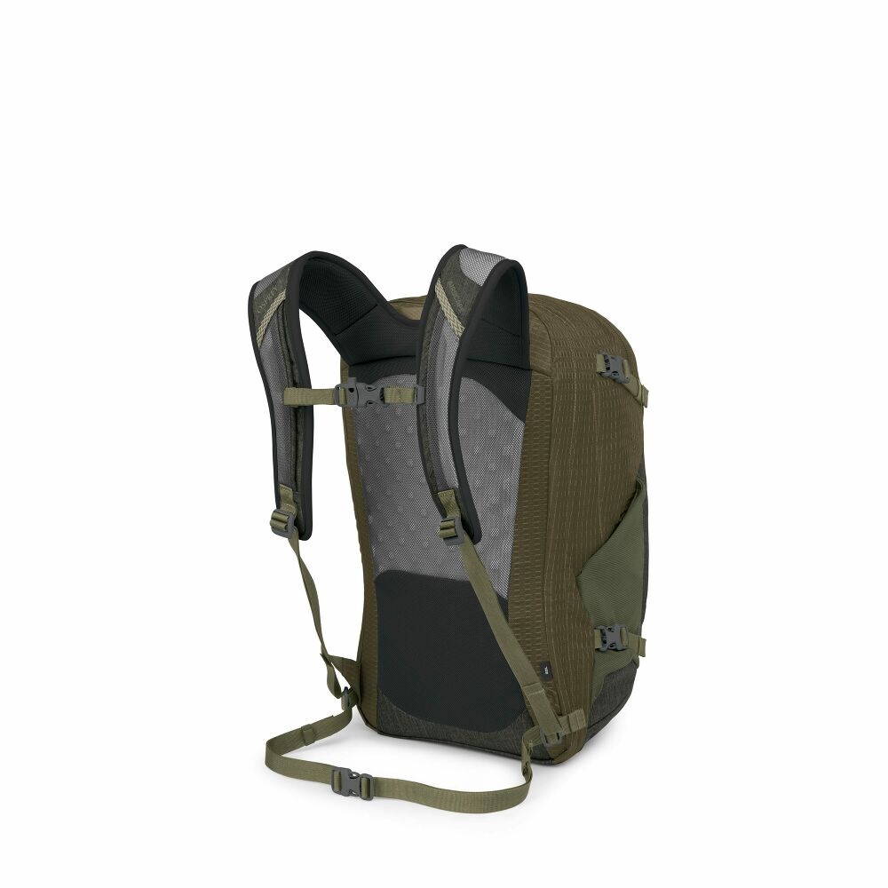 Green and black backpack on a white background